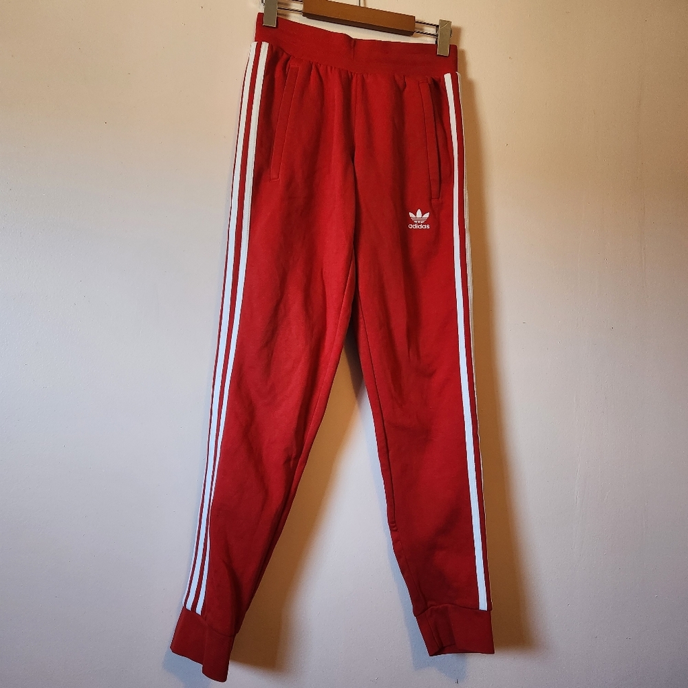 Adidas Originals 3-Stripes Joggers Red White XS Fleece Track Pants - Picture 2 of 9